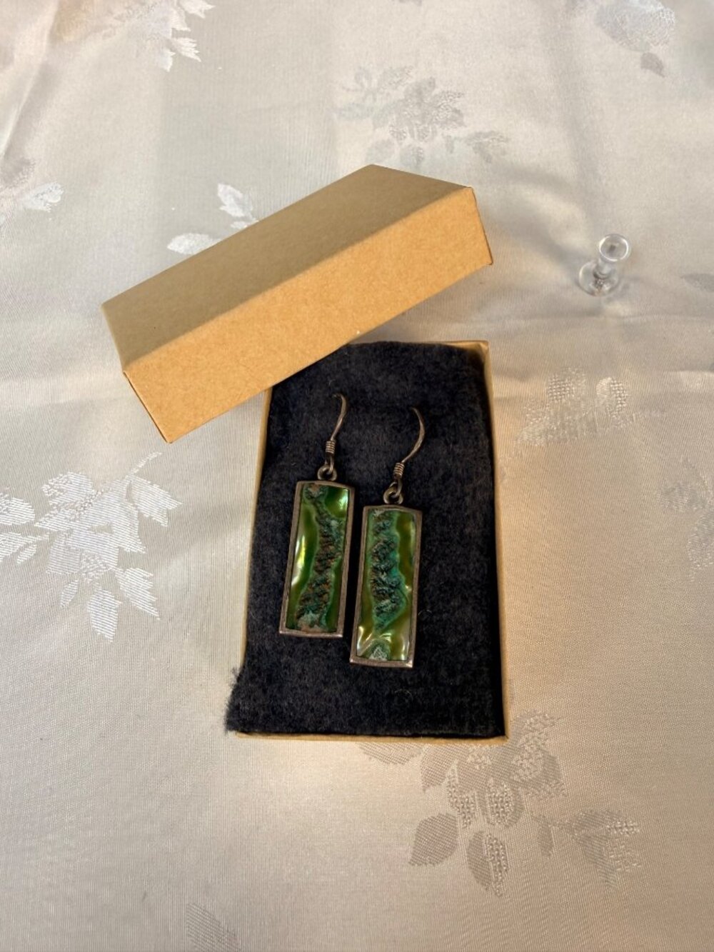 Vintage Rectangle Green Abalone-look & 925 Silver Hook Earrings - Very Pretty